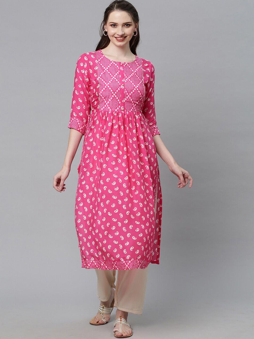 fashor women pink and white paisley printed empire design silk a-line kurta