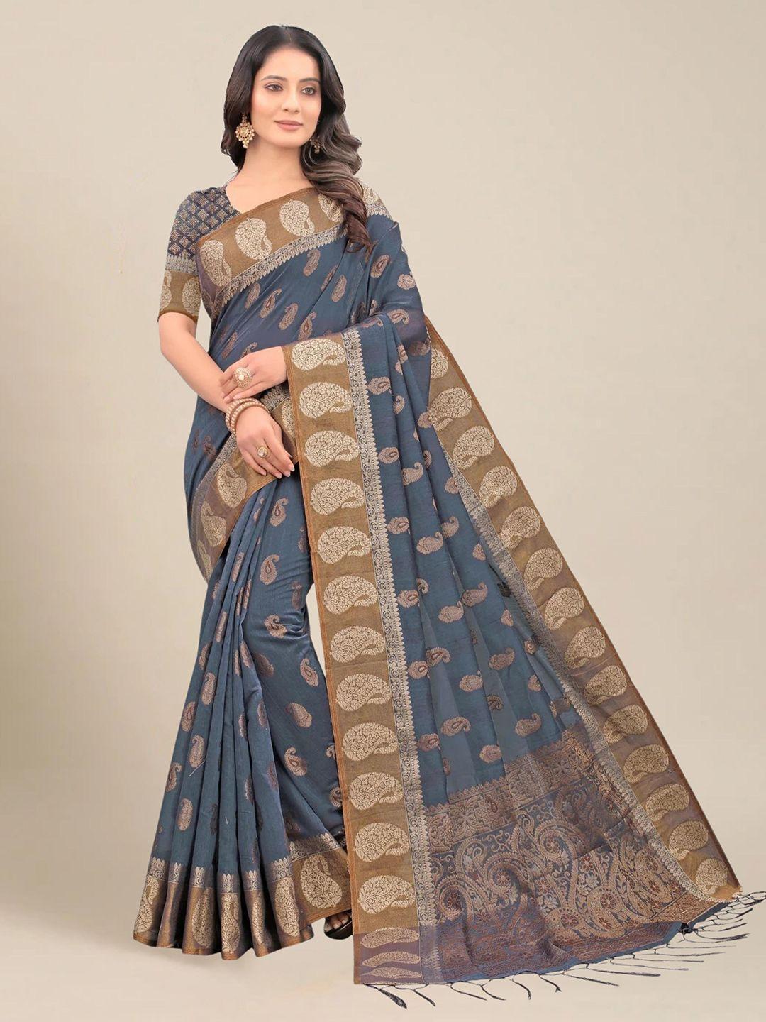 ms retail women grey & brown paisley pure cotton chanderi saree & unstiched blouse piece