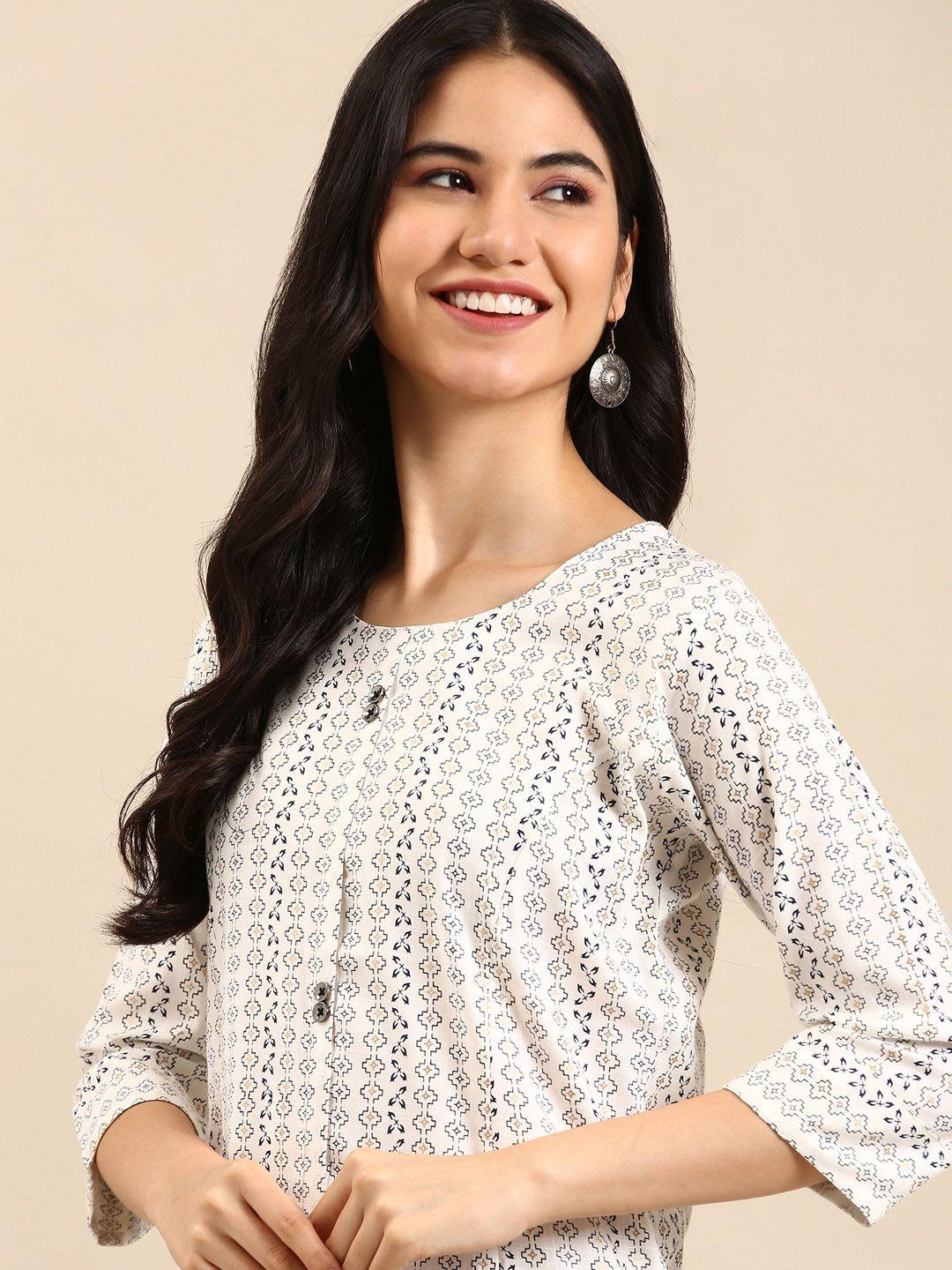 showoff women white printed block print kurta