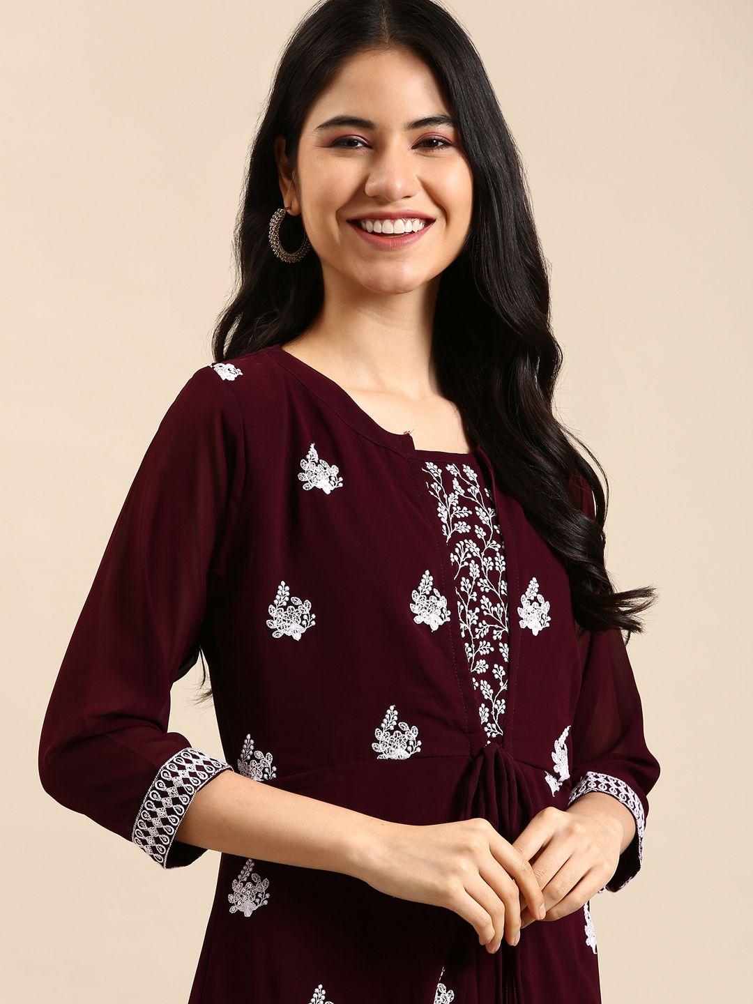 showoff women burgundy floral embroidered thread work georgette layered anarkali kurta