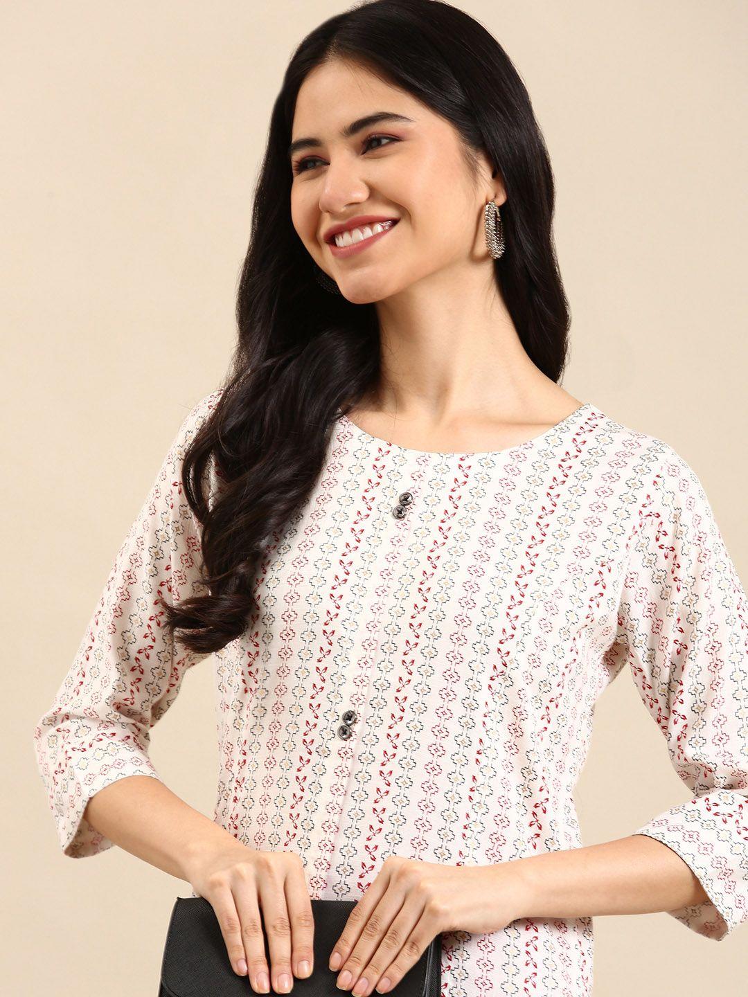 showoff women white geometric printed round neck straight kurta