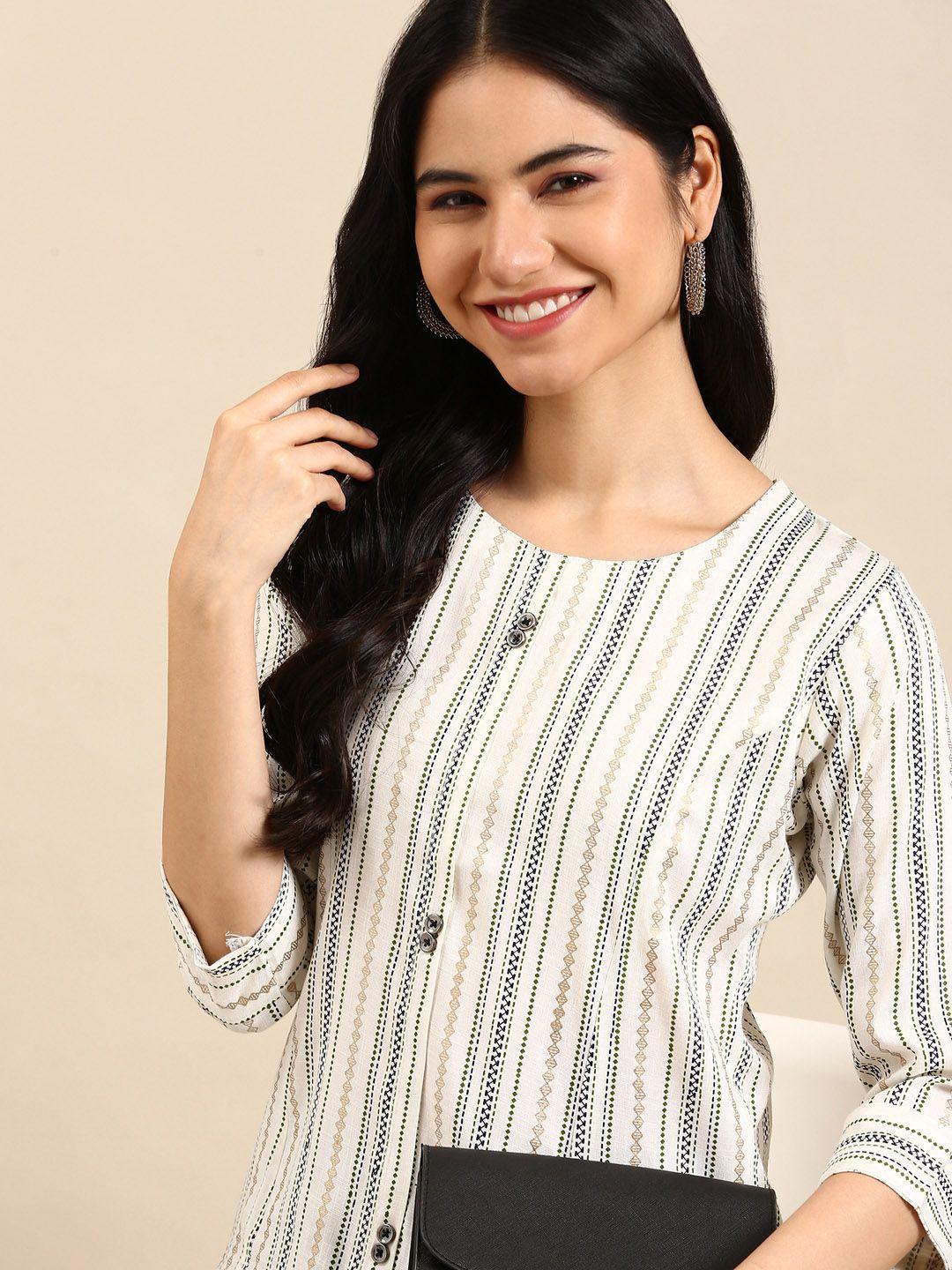 showoff women white geometric striped straight  kurta