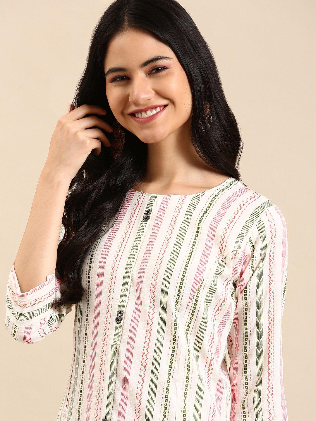 showoff women white & green geometric striped kurta