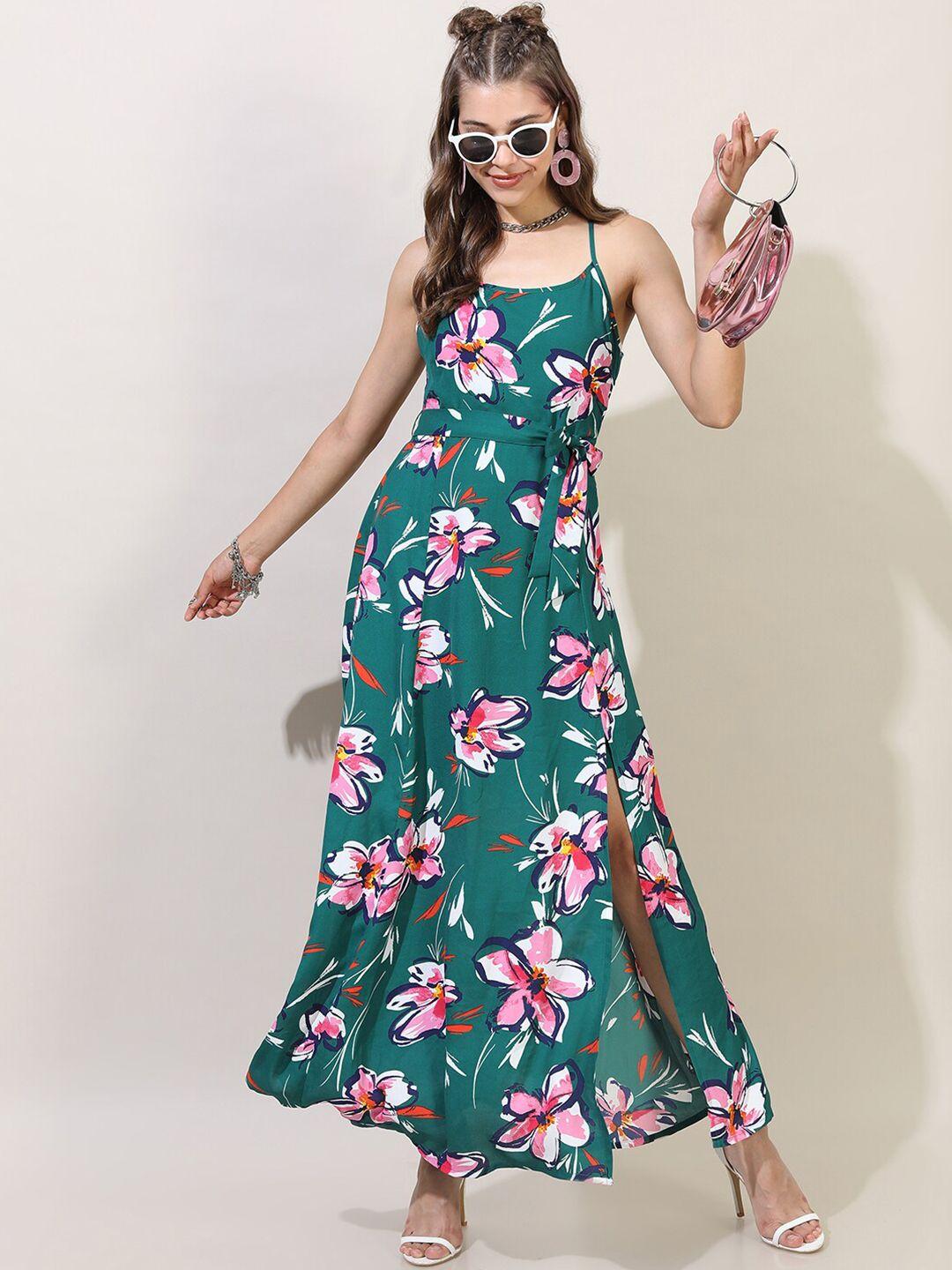 tokyo talkies teal green & pink floral a-line maxi dress