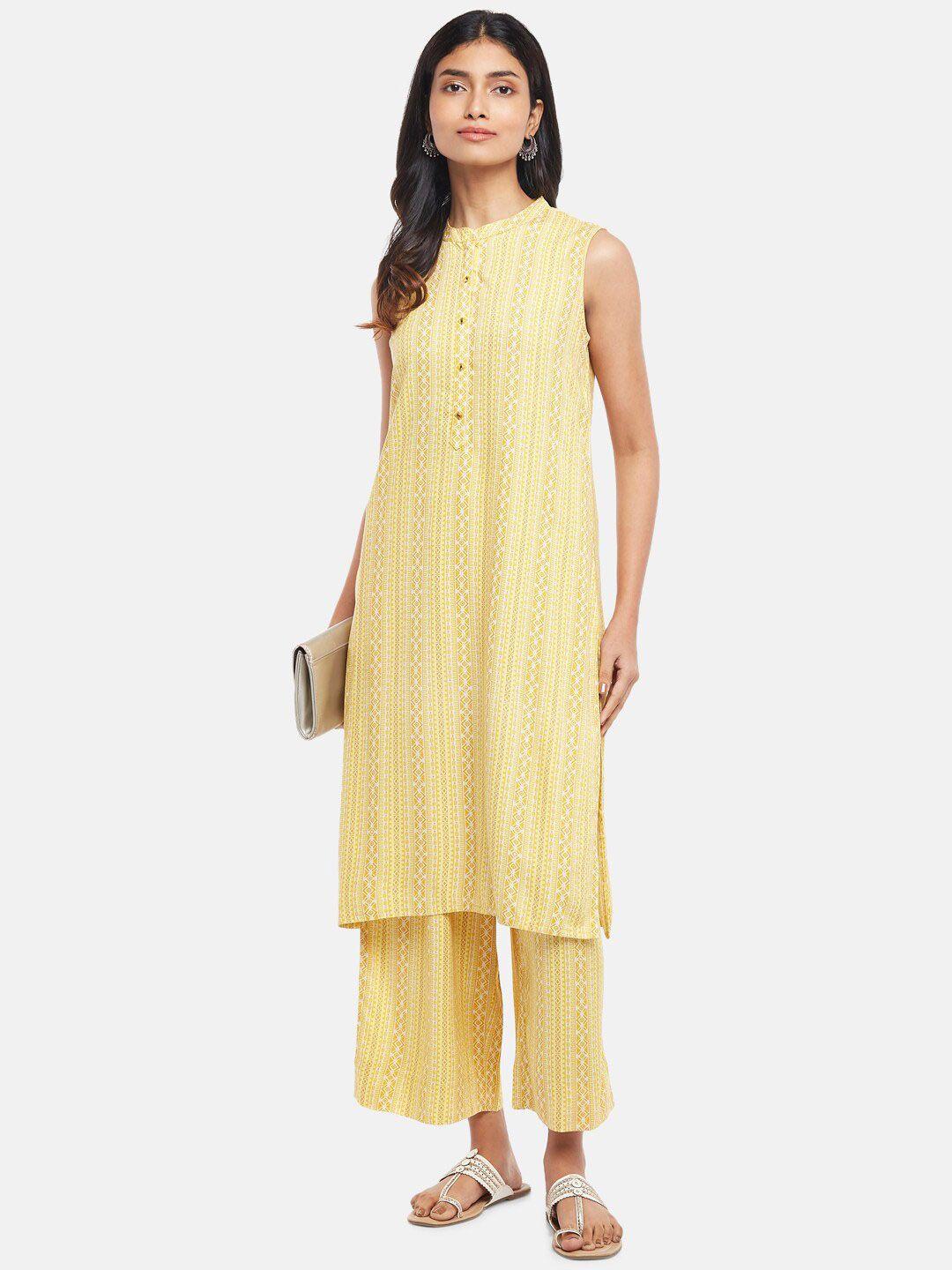 rangmanch by pantaloons women yellow printed kurta with trousers