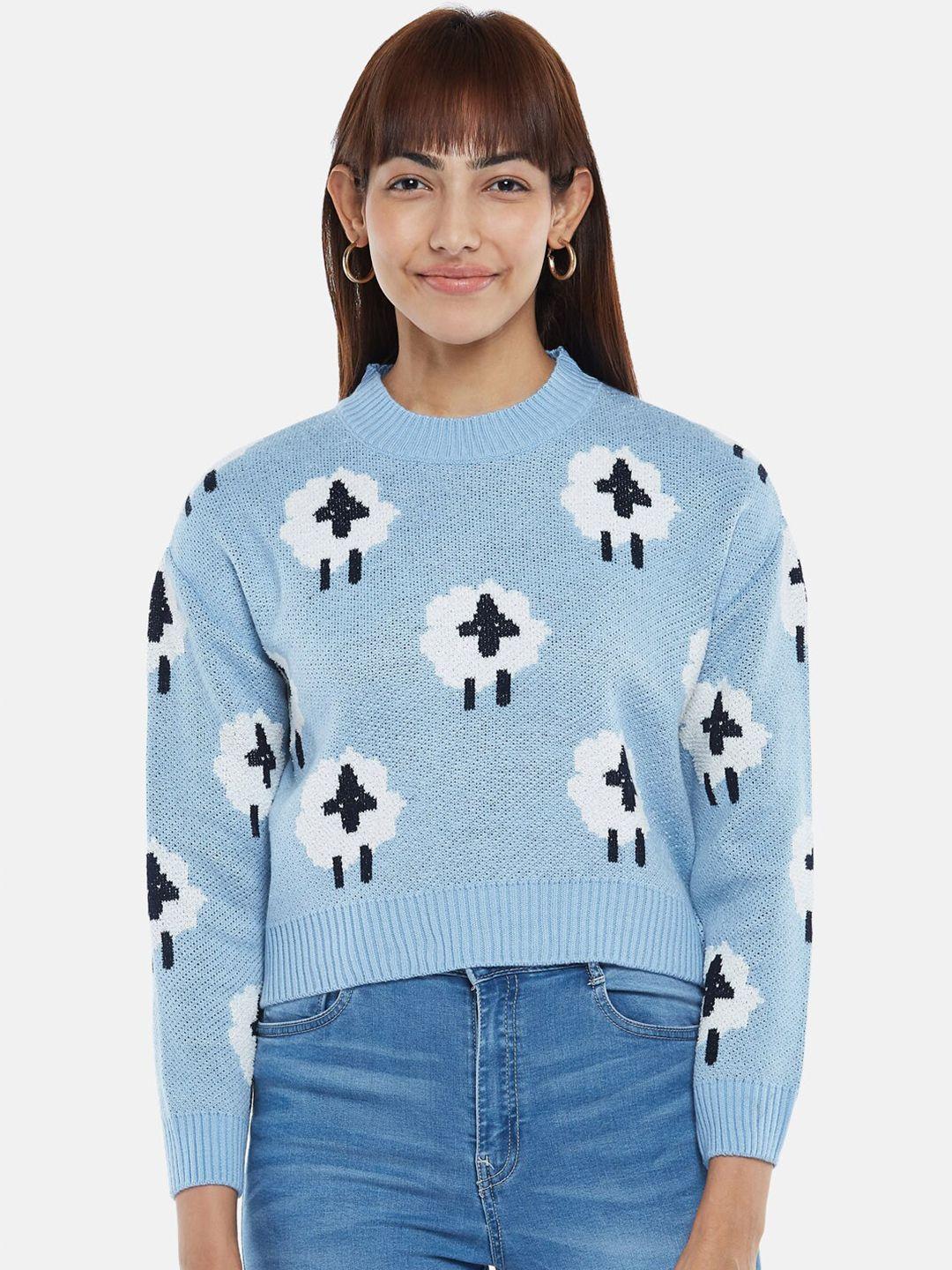 people women blue & white printed pullover