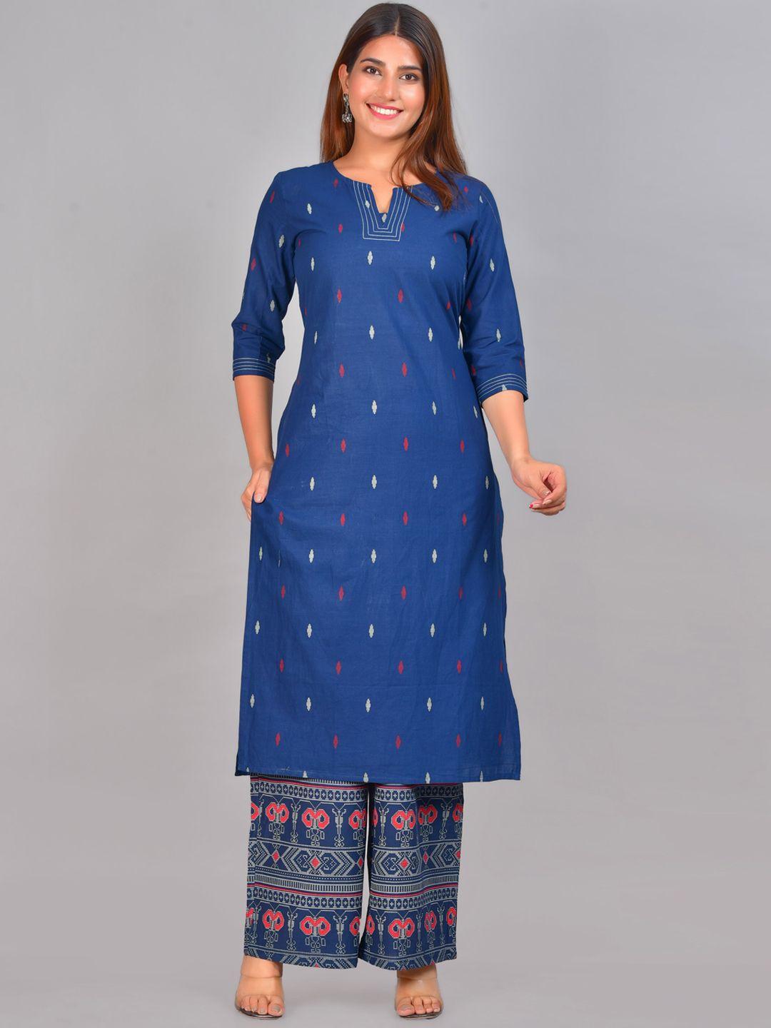 senyora women navy blue  printed pure cotton straight kurta with palazzos