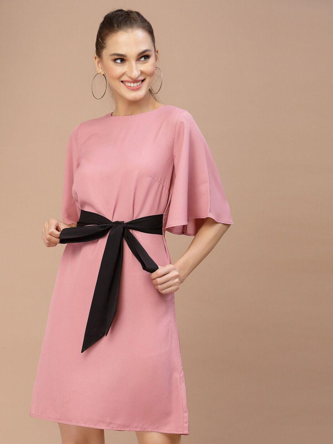 kassually women pink and black solid waist band flared sleeves a-line dress