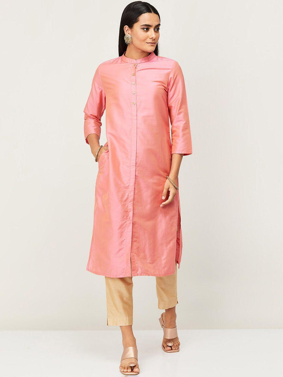 melange by lifestyle women pink flared sleeves thread work kurta