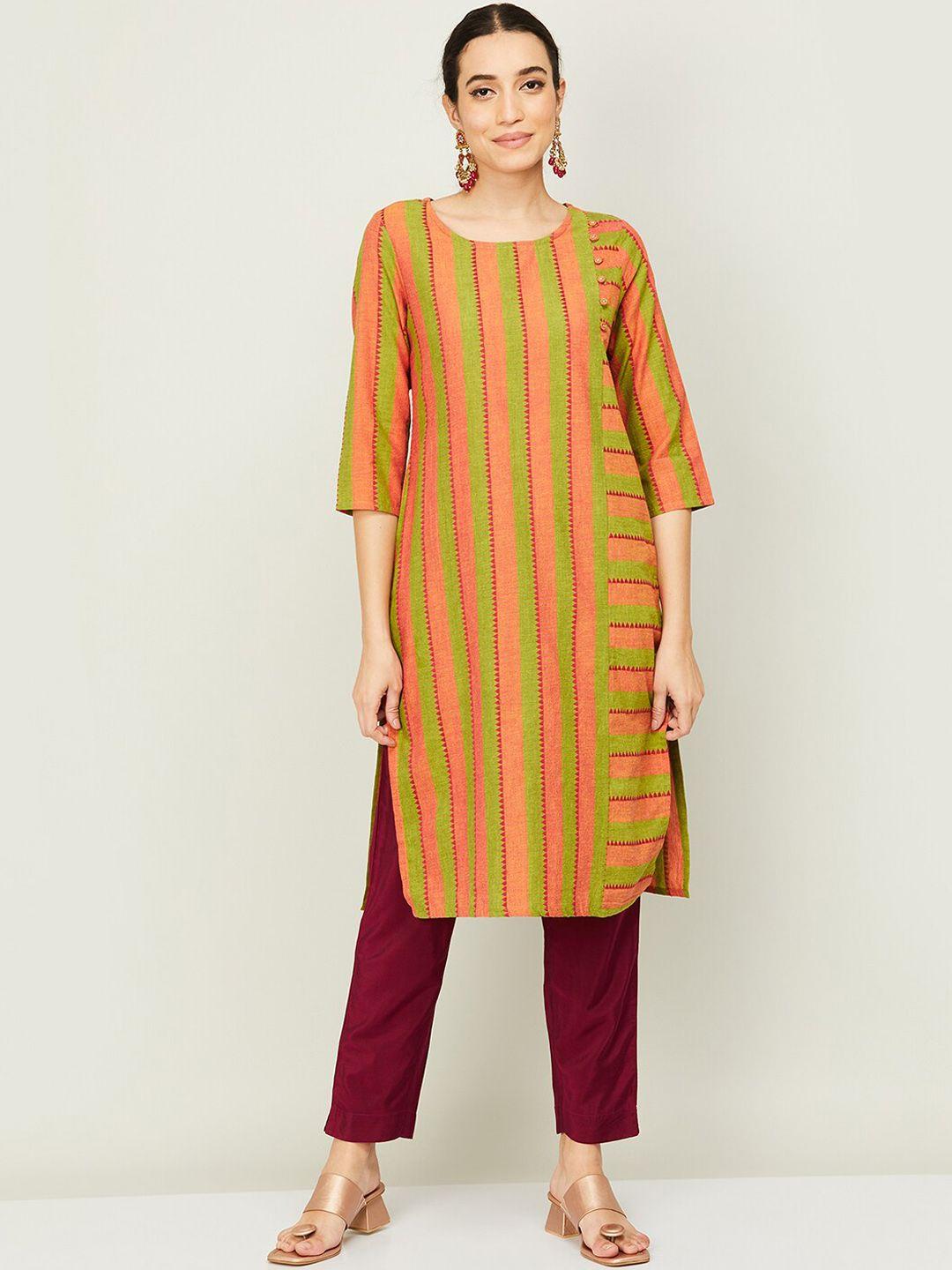 melange by lifestyle women green & pink striped kurta