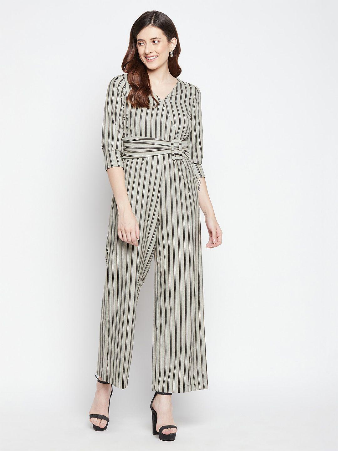 madame women green & black striped cotton basic jumpsuit