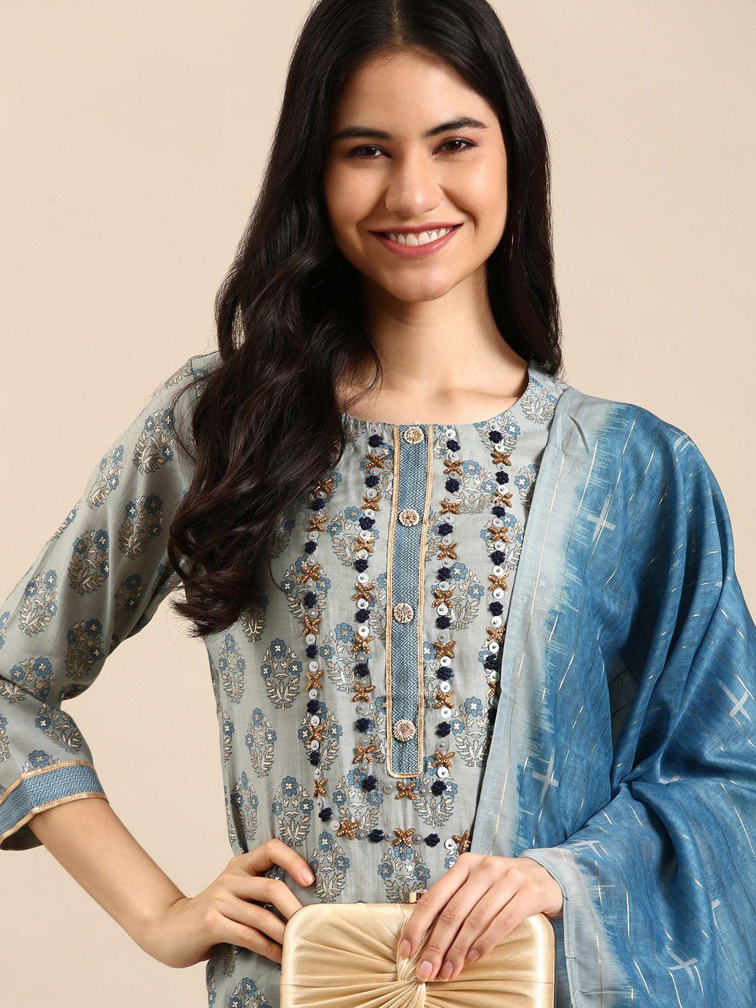 showoff women blue floral printed empire aari work chanderi silk kurta with palazzos & with dupatta