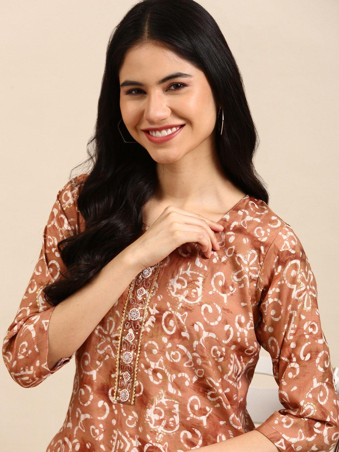 showoff women copper-toned ethnic motifs printed beads and stones silk crepe kurta with trousers