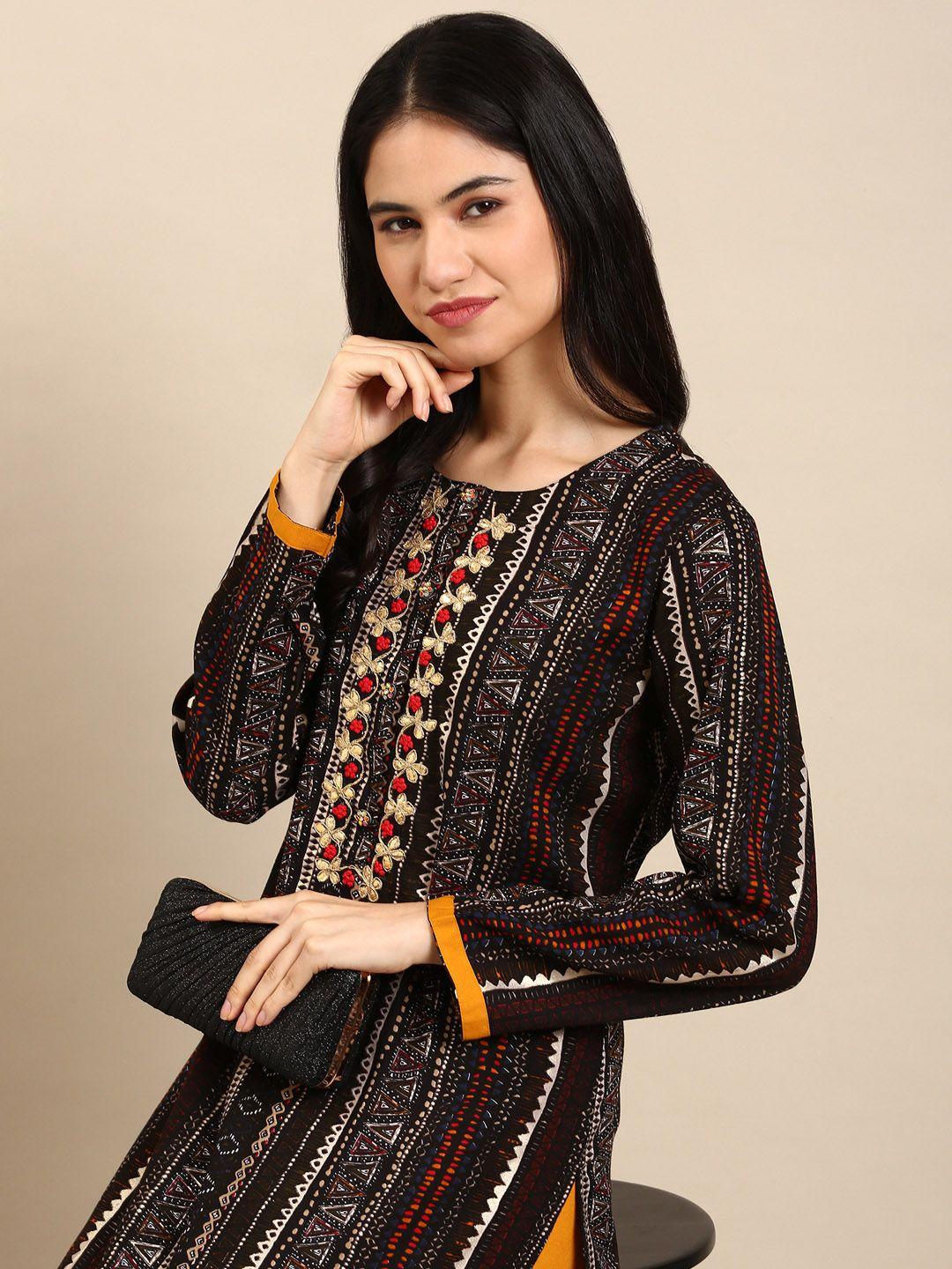 showoff women black printed gotta patti kurta with palazzos