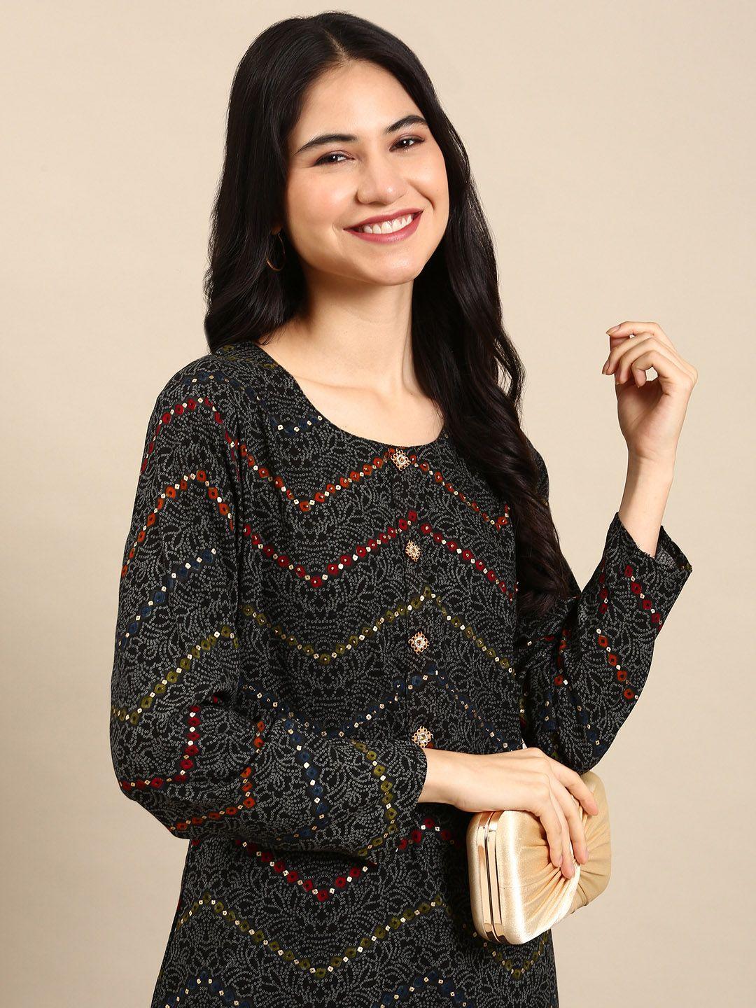 showoff women black bandhani printed beads and stones kurta with palazzos