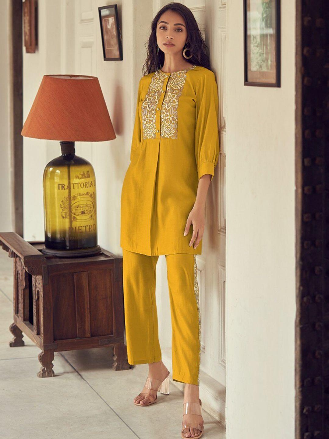 autumn lane women yellow embroidered kurti with salwar