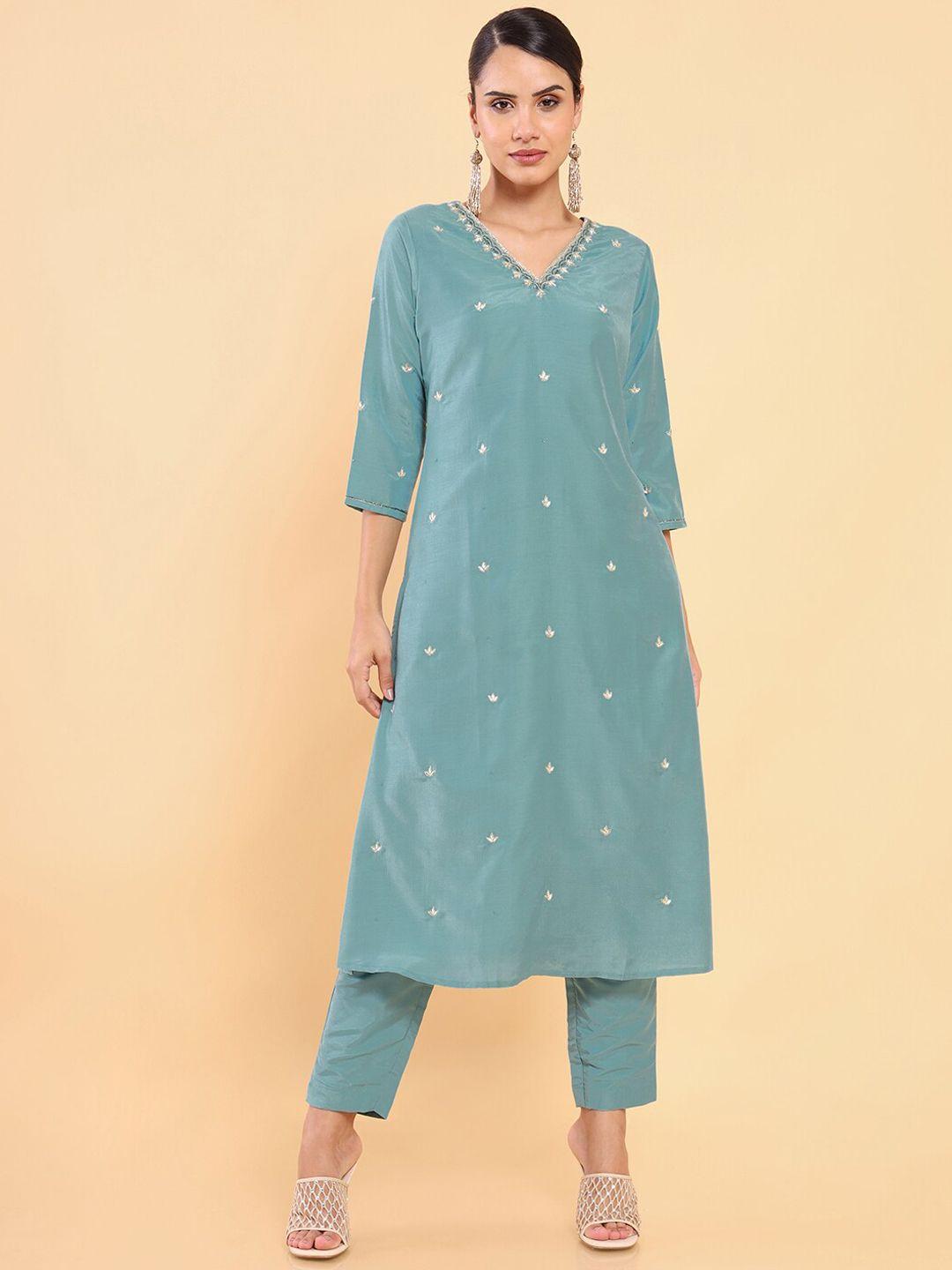 soch women teal printed kurta with trousers