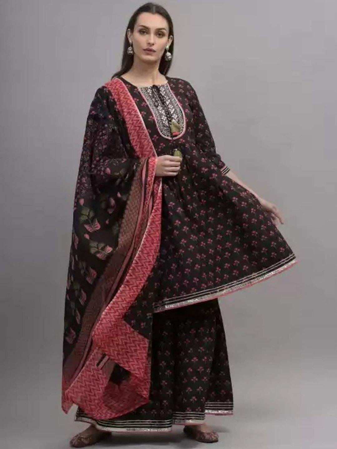 etnicawear women black floral printed pure cotton kurta with sharara & with dupatta