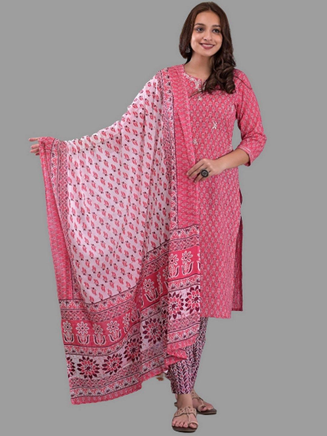 etnicawear women pink floral printed pure cotton kurta with pyjamas & with dupatta