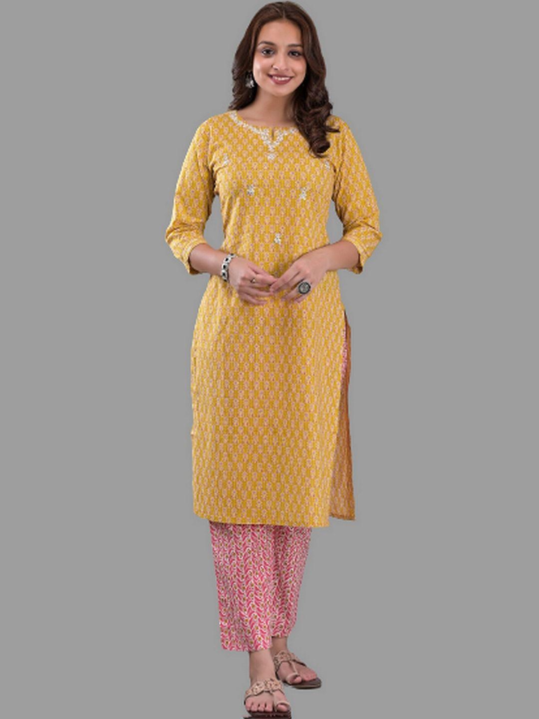 etnicawear women yellow floral printed pure cotton kurta with trousers & with dupatta