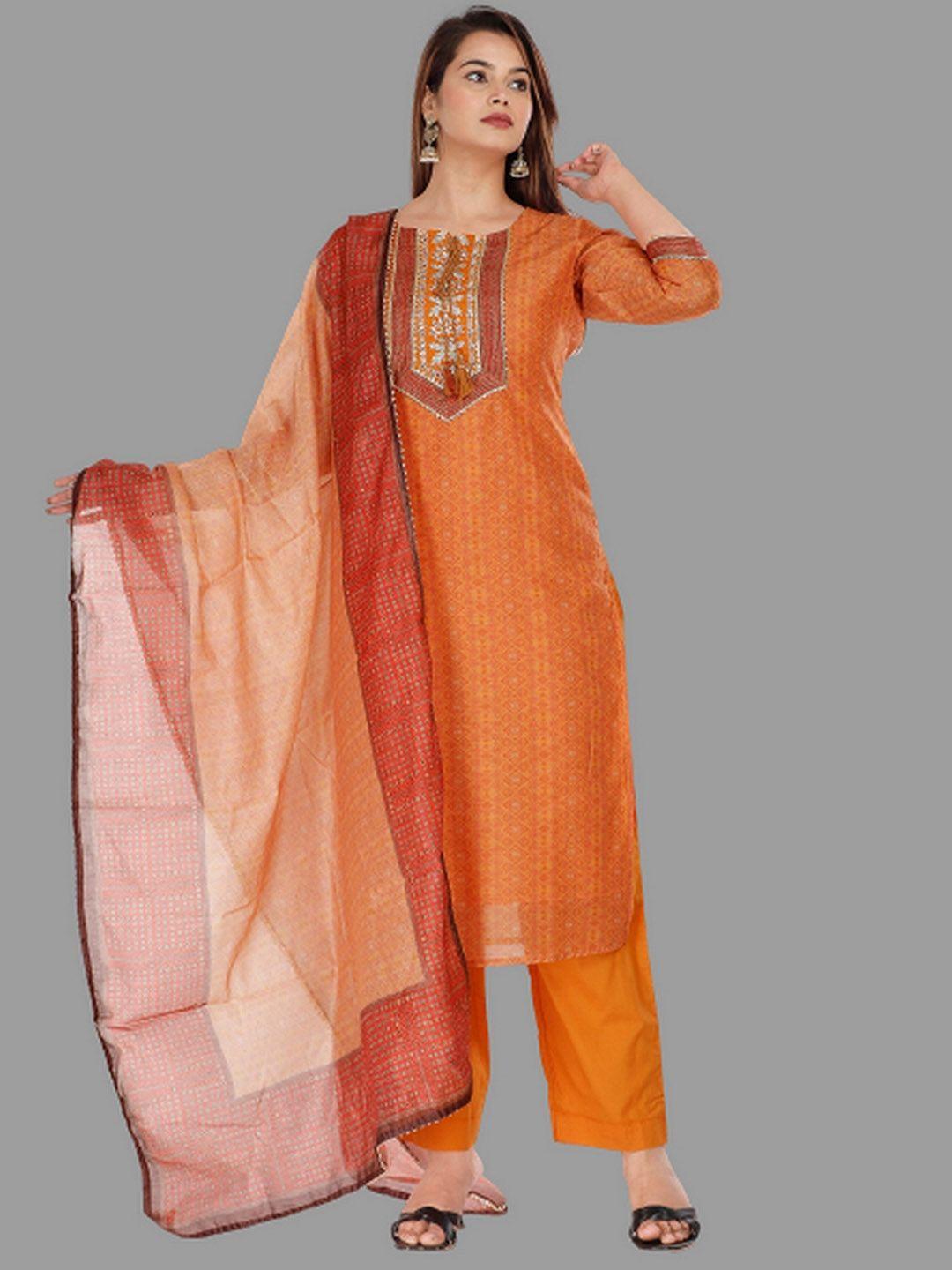 etnicawear women orange floral embroidered chanderi cotton kurta with pyjamas & with dupatta