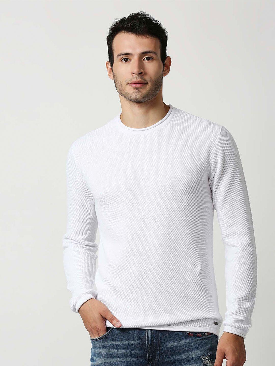 pepe jeans men white solid round neck cotton pullover