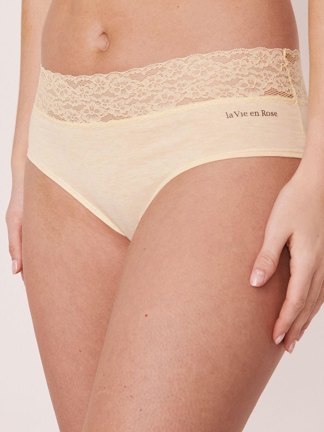 la vie en rose women cream solid lace band cotton bikini briefs