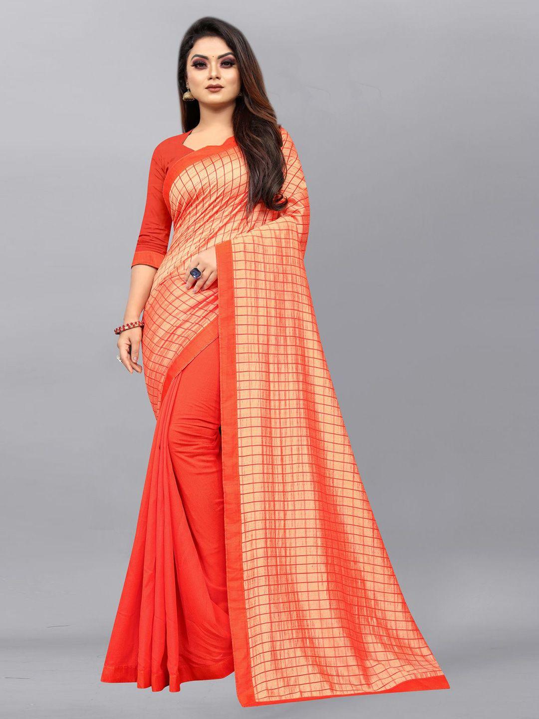 queenswear creation orange & peach-coloured checked pure silk ready to wear saree