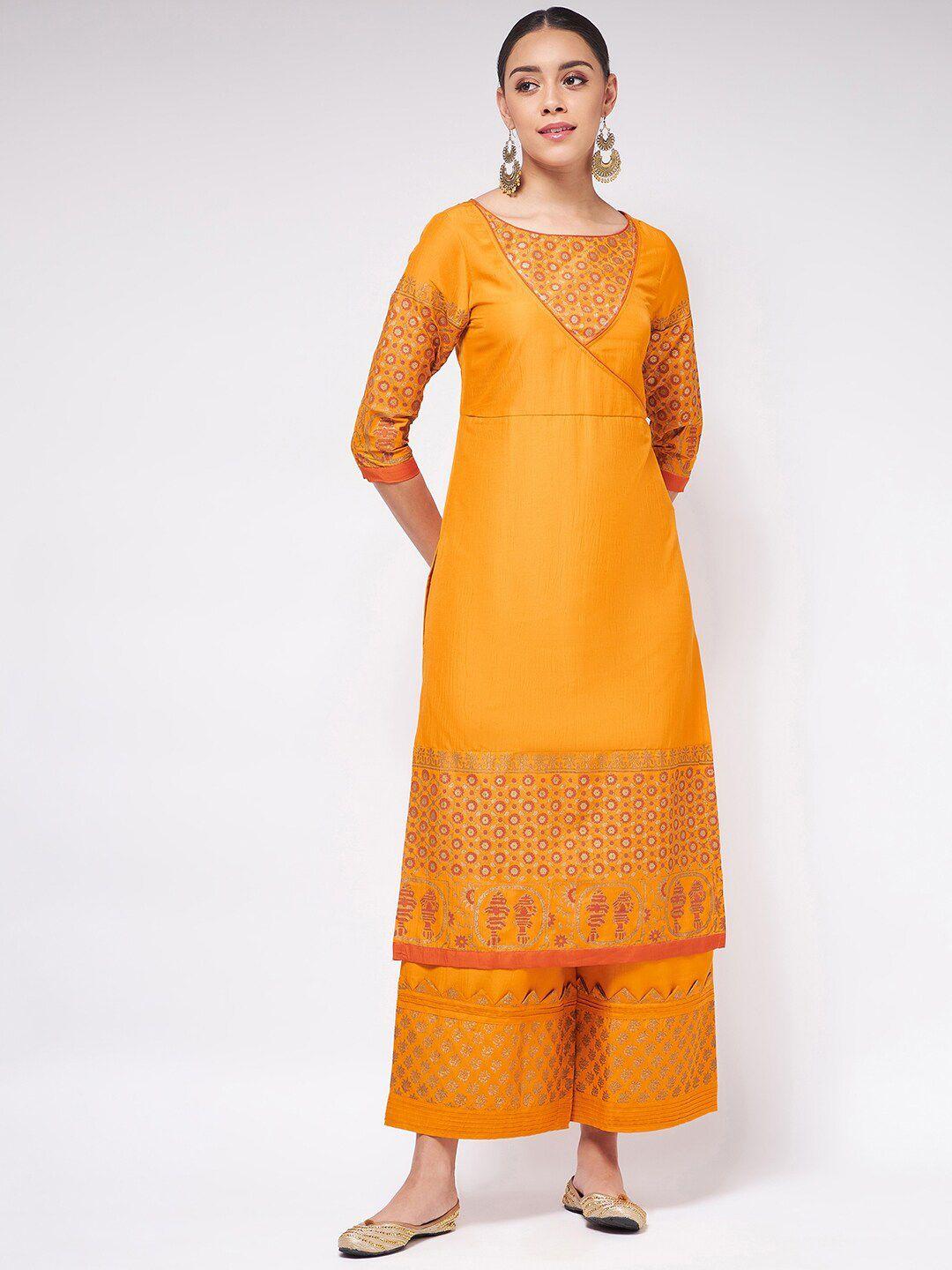 pannkh women orange printed angrakha kurta with palazzos