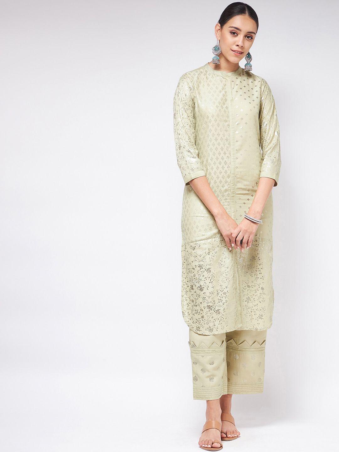 pannkh women green ethnic motifs foil printed kurta