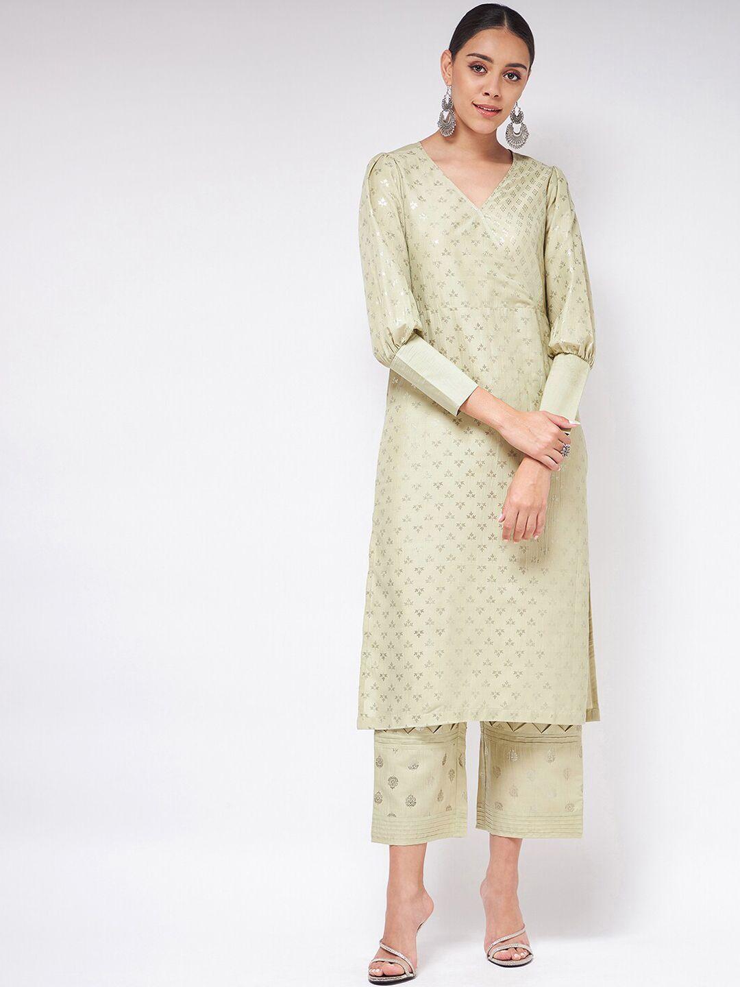 pannkh women green & silver-toned ethnic motifs kurta