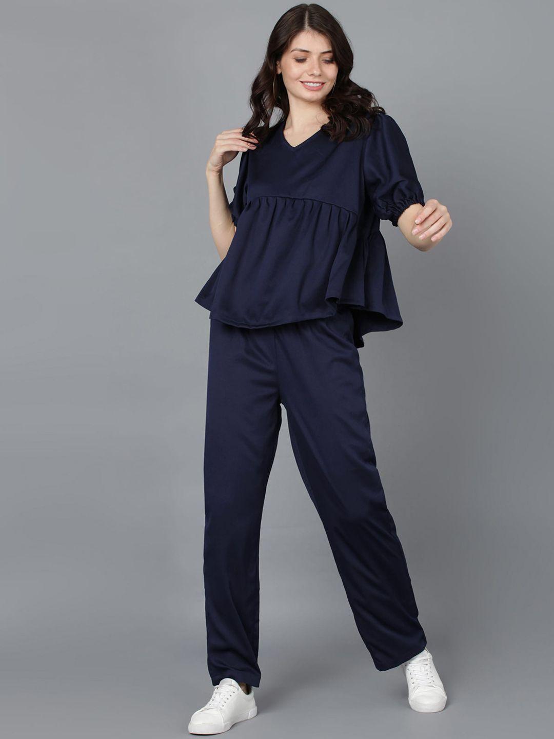 fashfun women navy blue solid co-ords