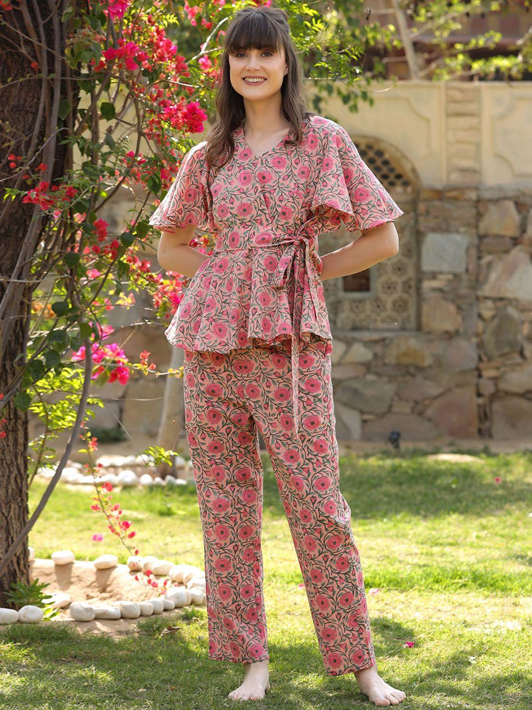 jisora women pink & green printed pure cotton night suit