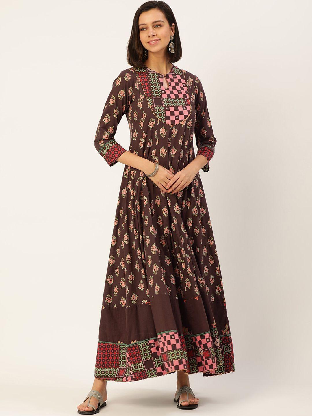 here&now women brown & pink floral printed keyhole neck a-line kurta