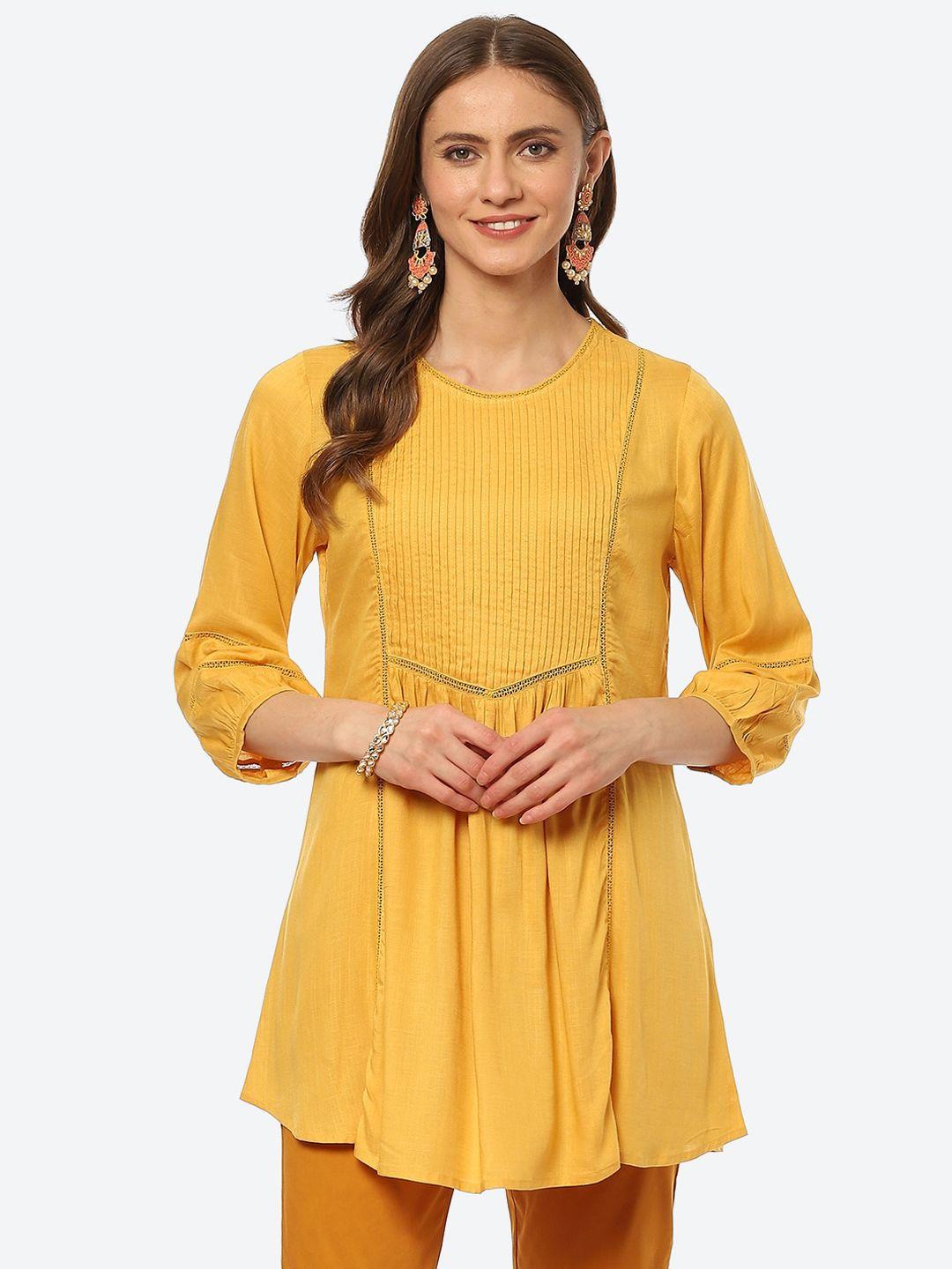 biba women yellow pleated and panelled puff sleeves kurti