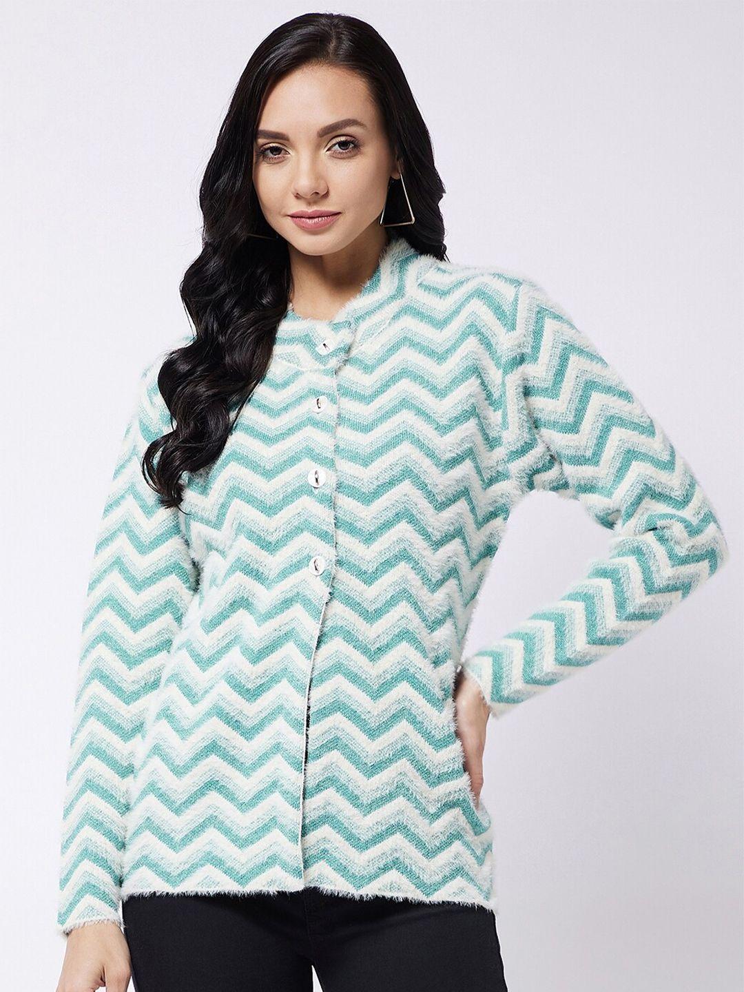 rivza women white and green zig zag printed long sleeves cardigan