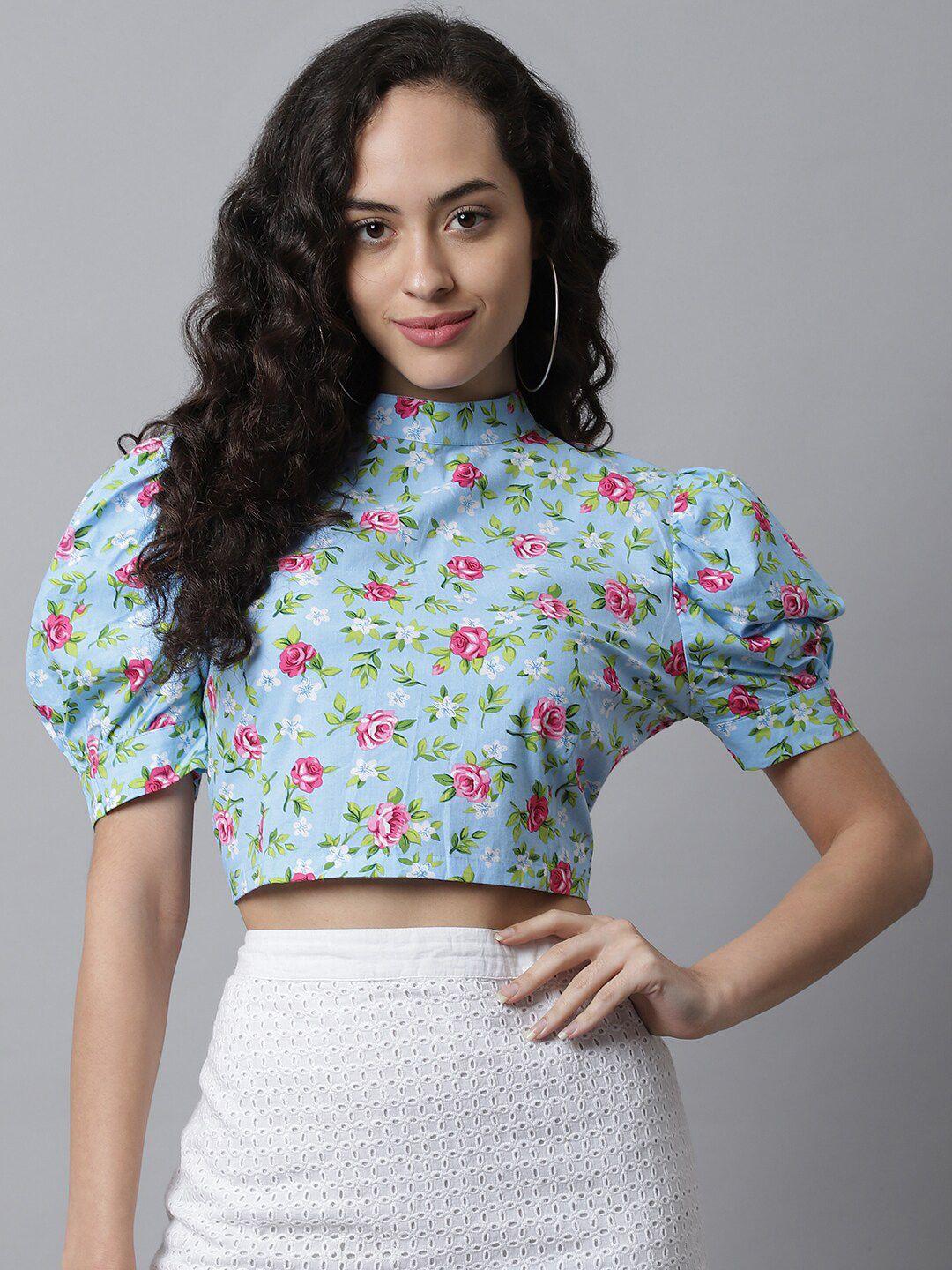 elevanto blue floral print styled back crop top