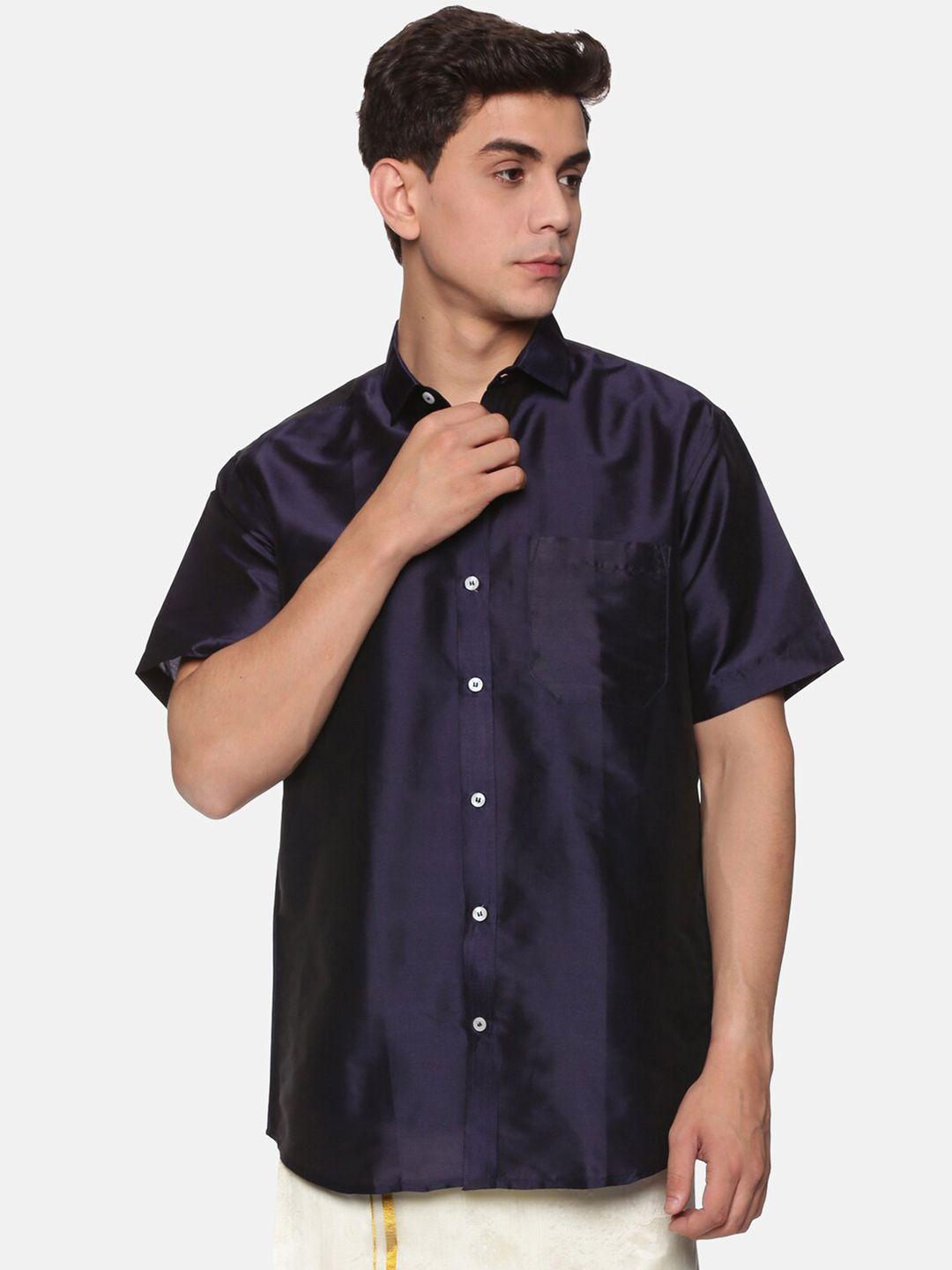 sethukrishna men navy blue standard casual shirt