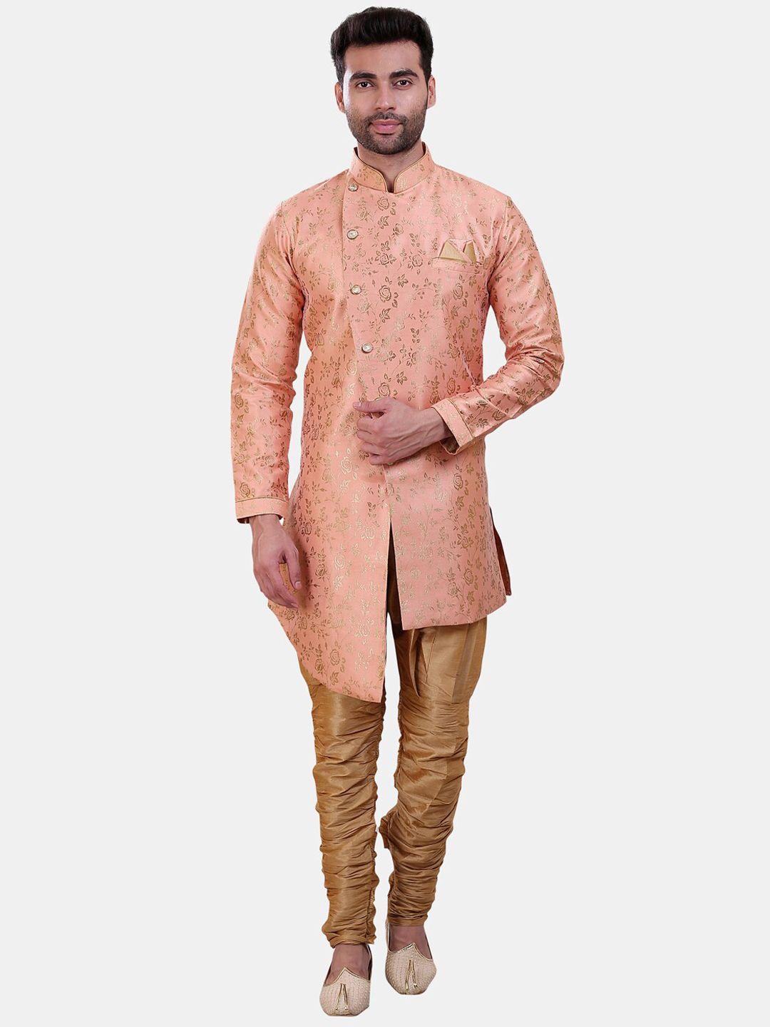 avaeta men peach & gold jacquard woven design sherwani set