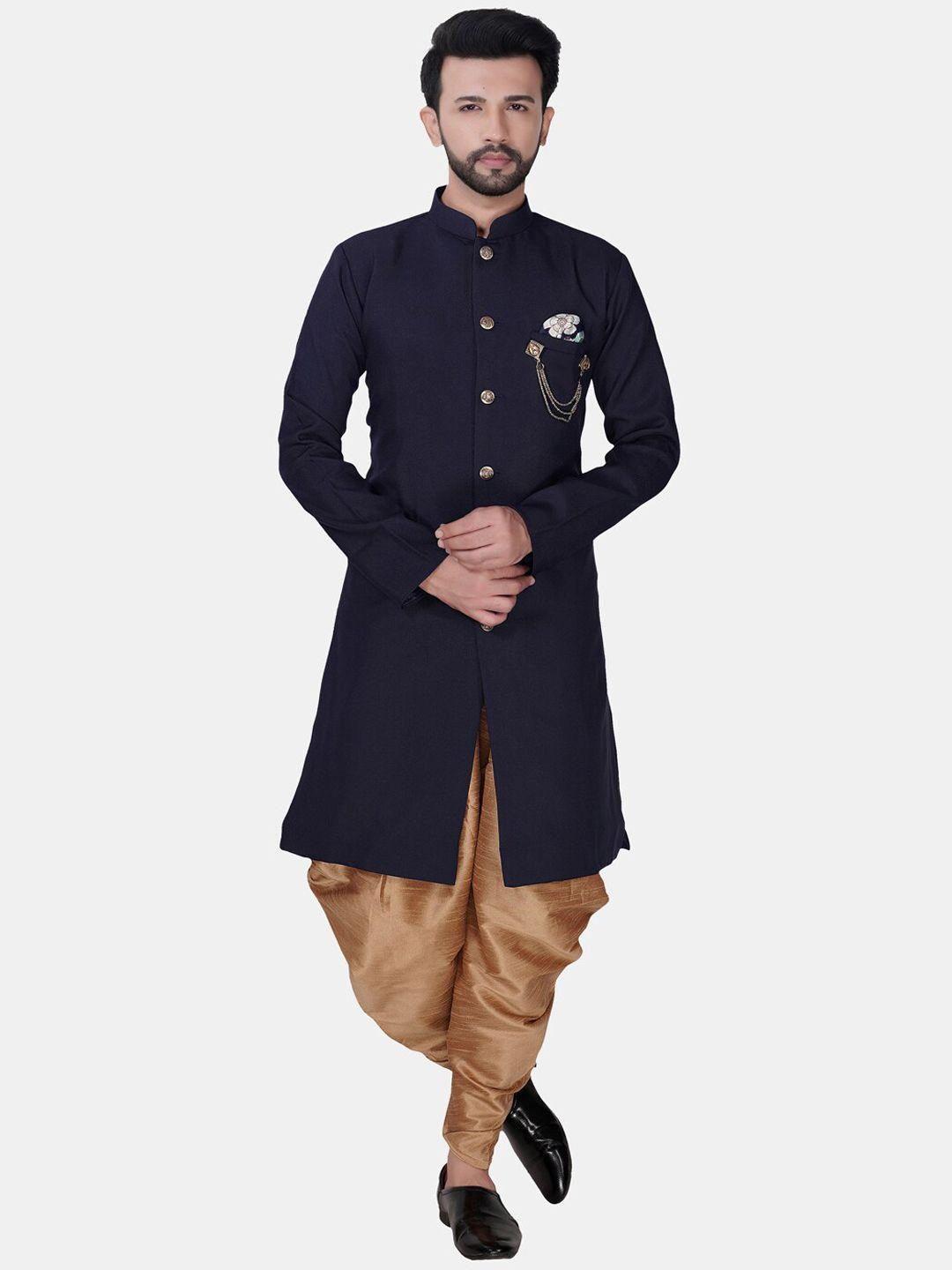 avaeta men navy blue solid cotton sherwani