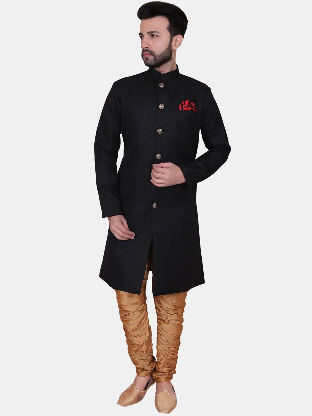 avaeta men black & golden solid sherwani set