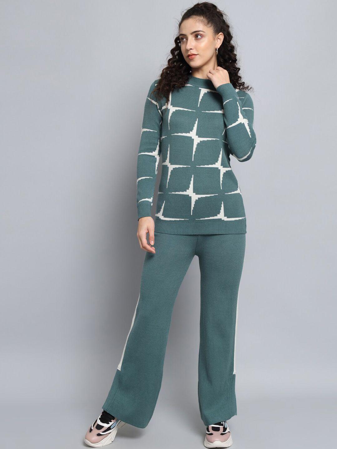 broowl women sea green woollen sweatshirt & trousers co-ord set