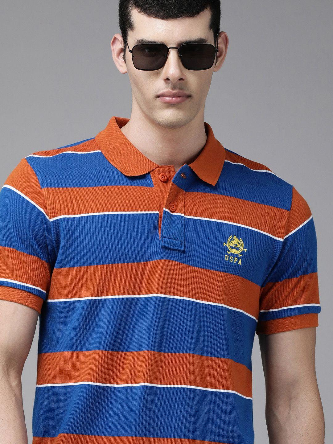 u s polo assn men orange & blue striped polo collar slim fit pure cotton t-shirt