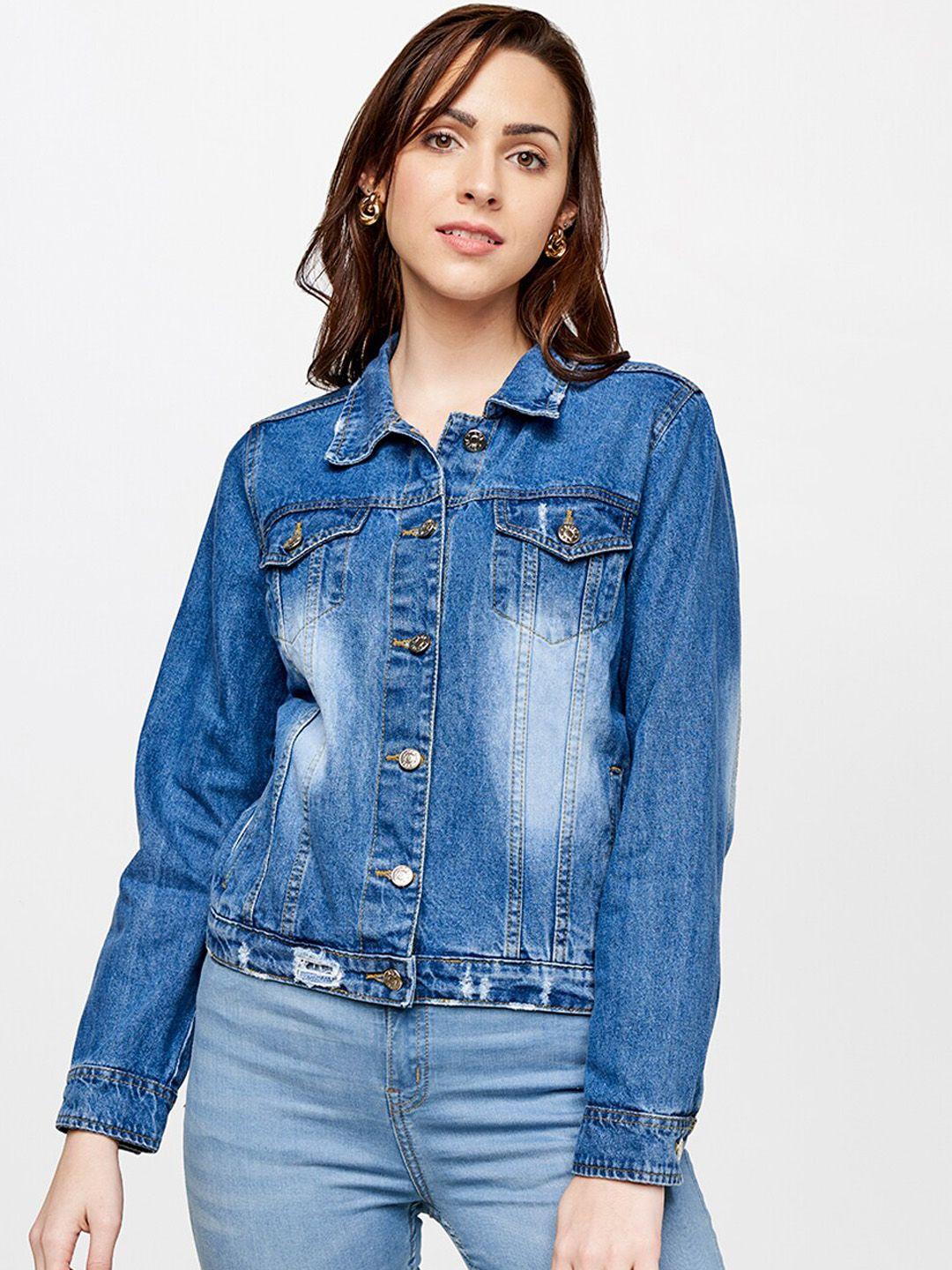 and women blue solid cotton denim jacket