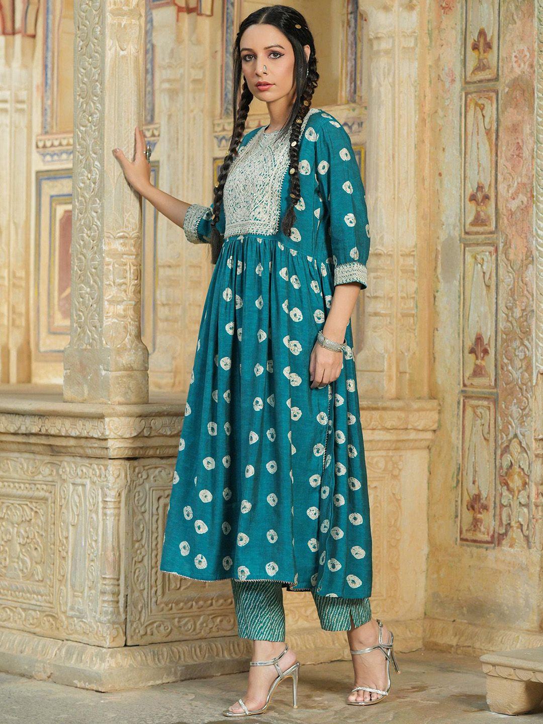 scakhi women teal bandhani printed pleated gotta patti kurta with trouser