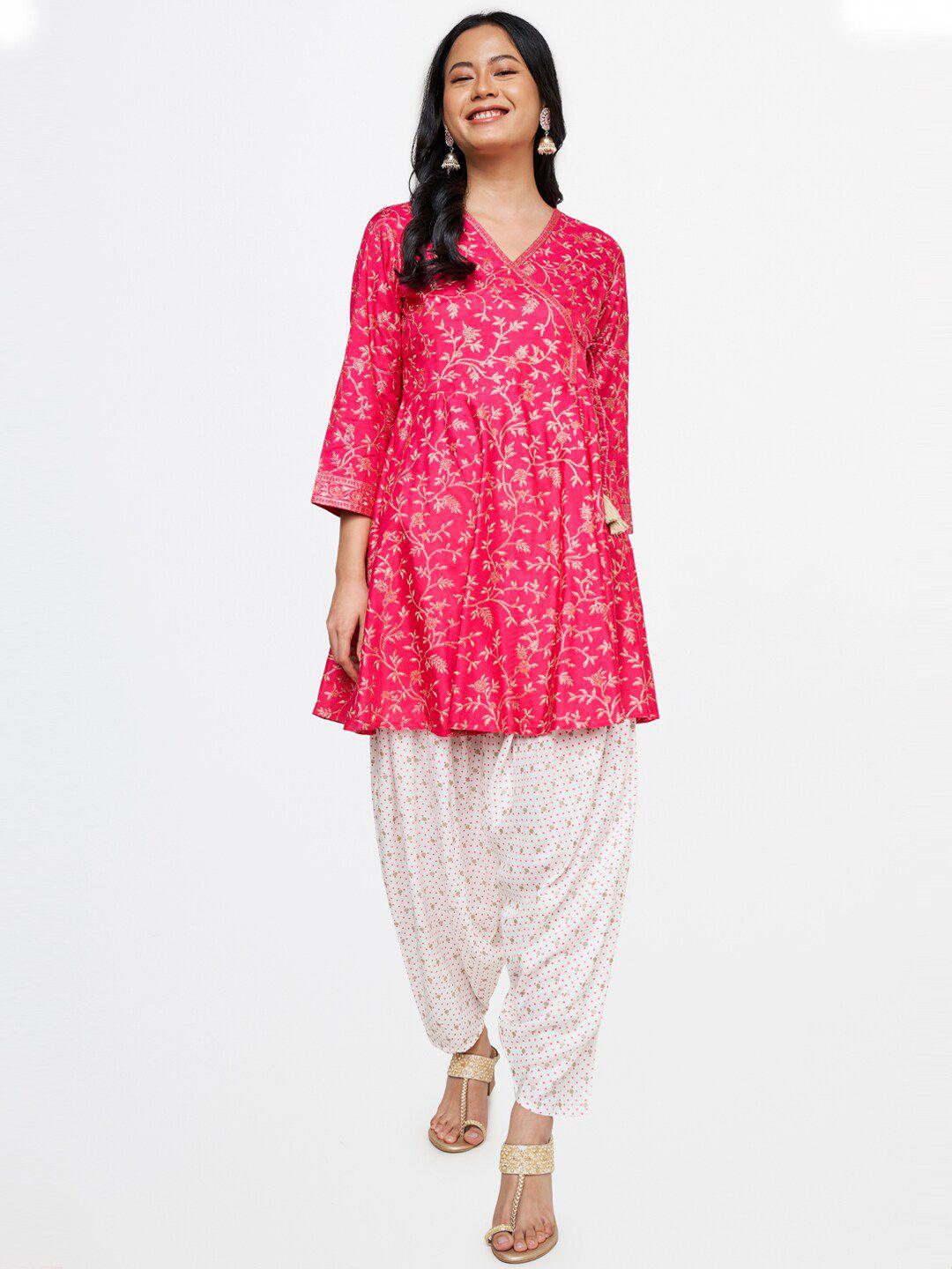 global desi women pink ethnic motifs printed angrakha kurta with dhoti pants