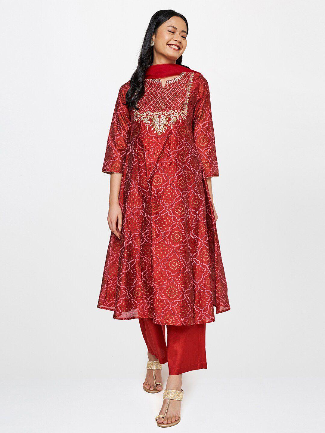 global desi women red bandhani embroidered gotta patti kurta with trousers & with dupatta