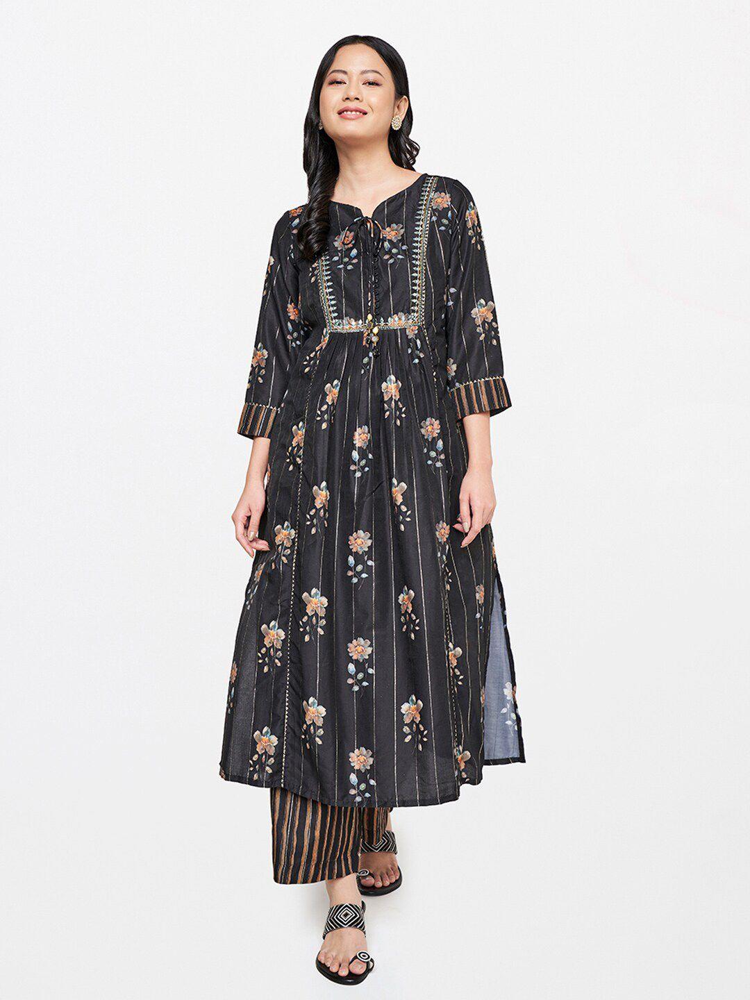 global desi women black floral printed kurta with trousers