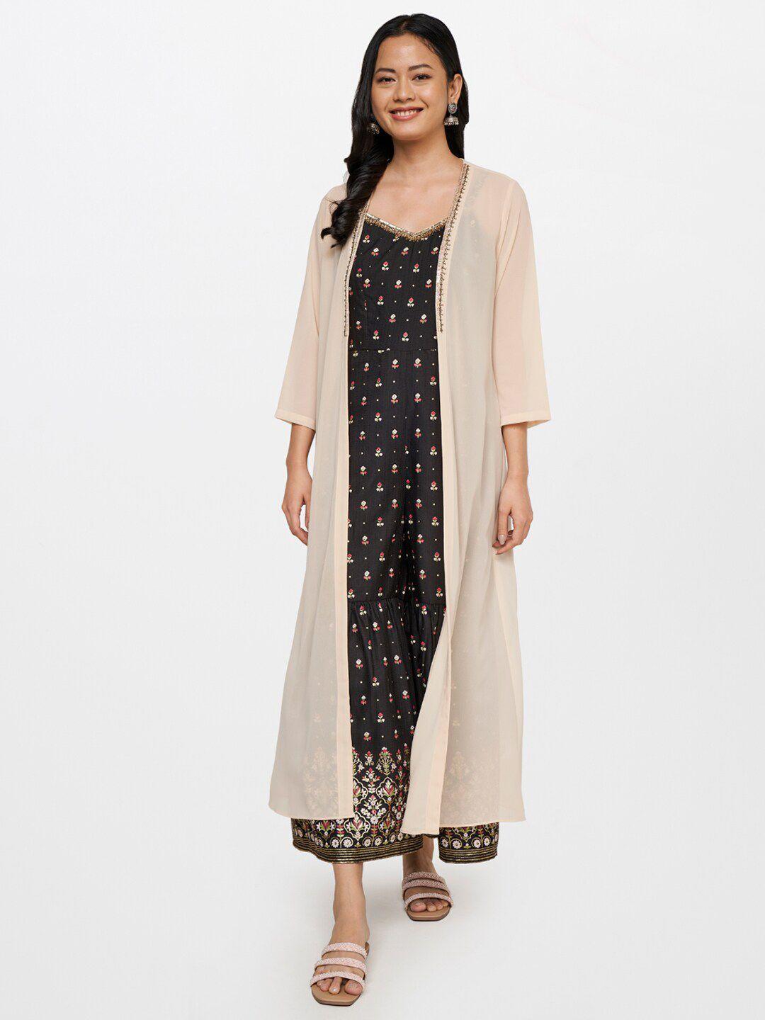 global desi women cream-coloured & gold-toned longline shrug