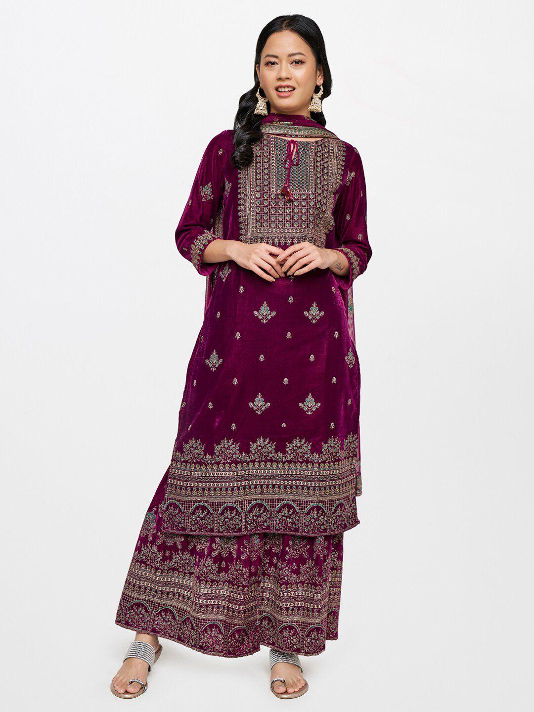 global desi women purple ethnic motifs printed kurta with sharara & with dupatta